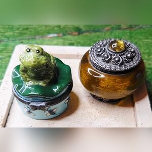 Decorative Ceramic Frog and Amber Glass Trinket Box Set